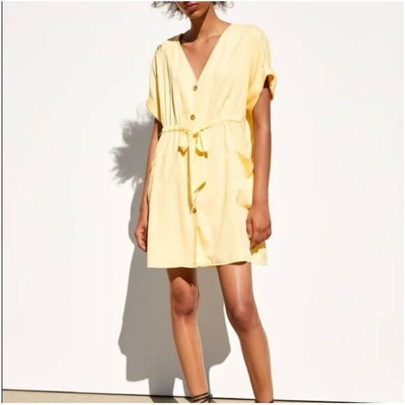 Zara Button Front Tie Waist Shirt Dress Yellow XS Cap Sleeve - Picture 6 of 14